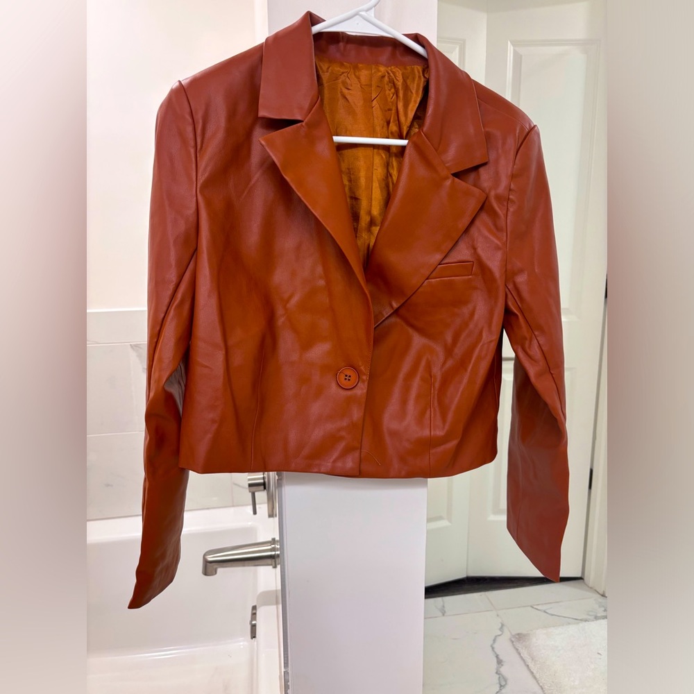 Tan Crop Long Sleeve Leather like Jacket with Button S/M